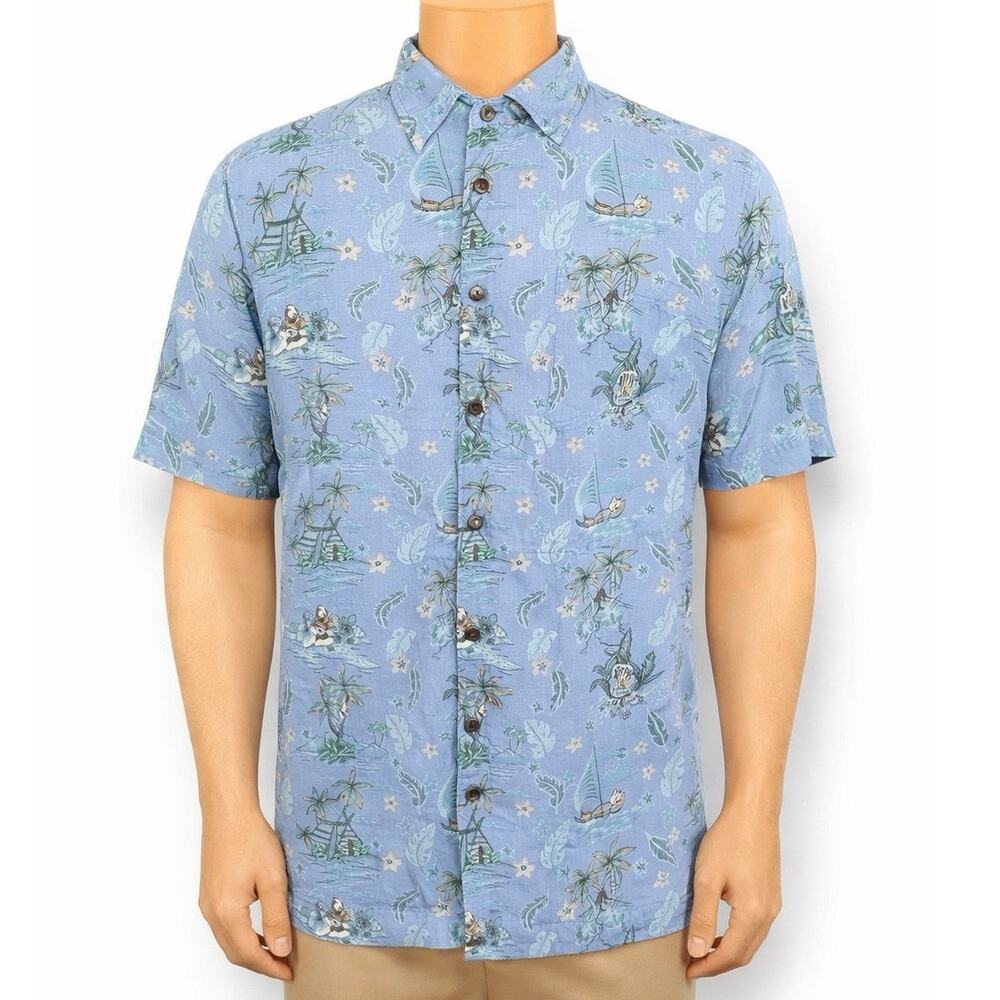 Vintage Big Dogs Shirt Shirt Blue Collared Button Front Hawaiian Palm Printed